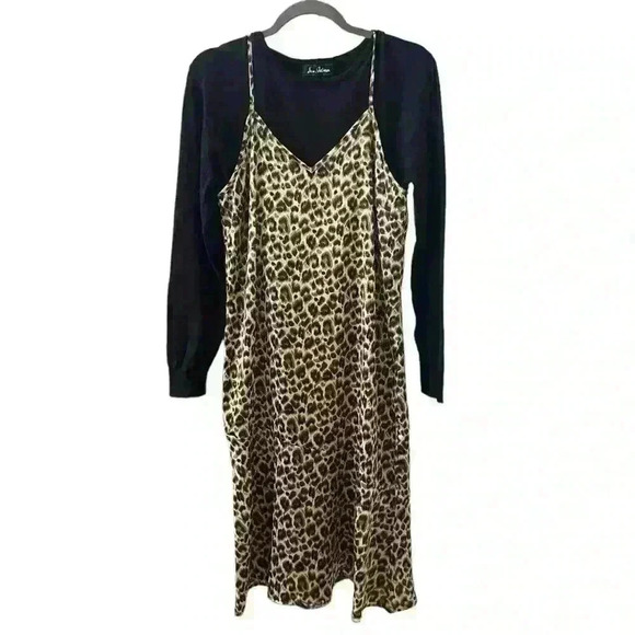 Sam Edelman Long Sleeve Cami Midi Dress Size 4 Black Sweater Leopard Print Dress - Picture 6 of 6